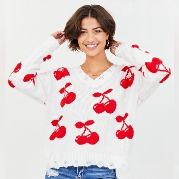 Altar'd State Cherry Sherpa Distressed V-neck Pullover Sweater Size M - Picture 1 of 9
